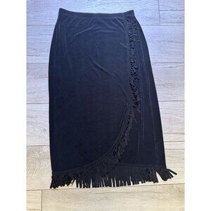 Black Fringe Pencil Skirt With Asymmetrical Design & Velvet-Like Finish By Miras